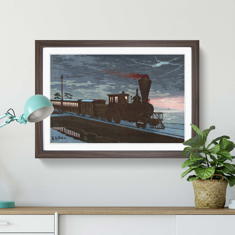 Steam Train in Takanawa by Kobayashi Kiyochika - Picture Frame Art Print on MDF, 48cm H x 65cm W x 2cm D, Walnut Framed