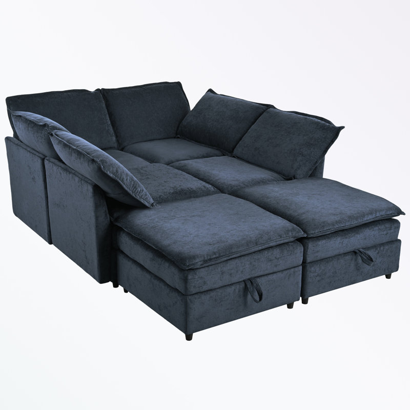 Taquila U-Shaped Sleeper Sectional Modular Sofa Bed, Dark Blue Polyester