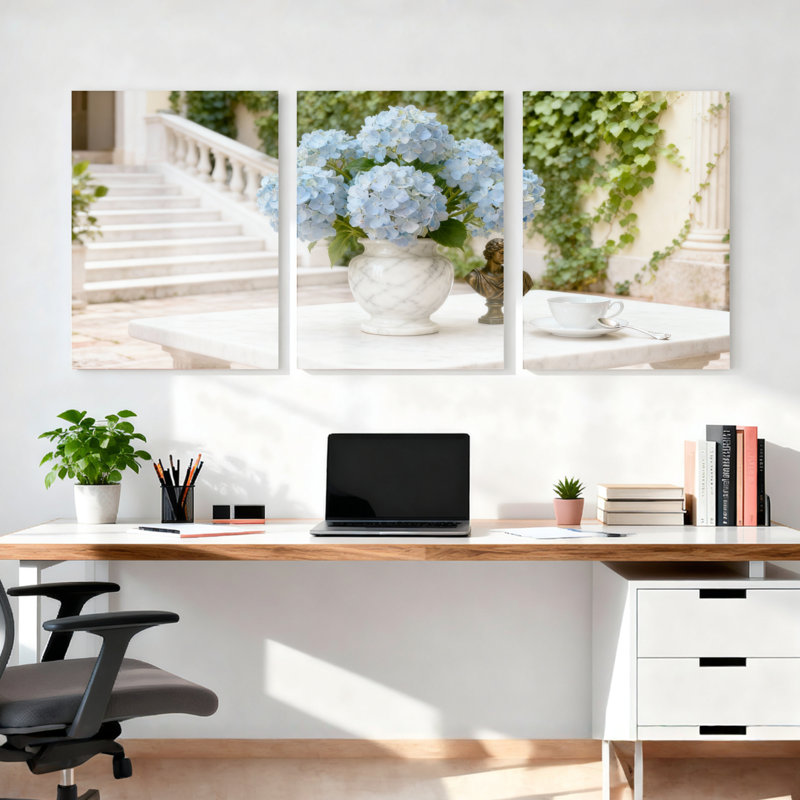 Fleurs d'hortensia et art mural en toile d'escalier de jardin, impression élégante de scène extérieure (ensemble de 3)