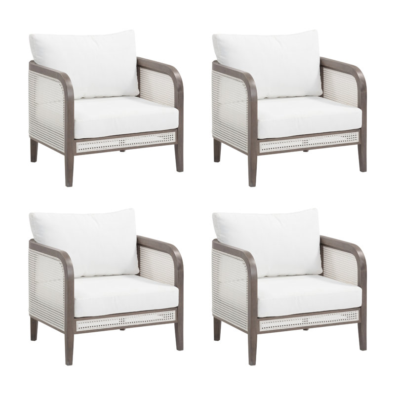 Bohemian Cushioned Patio Chair, Outdoor Lounge Chair With Solid Wood Frame (Set Of 4), White Cushion/Graphite Frame
