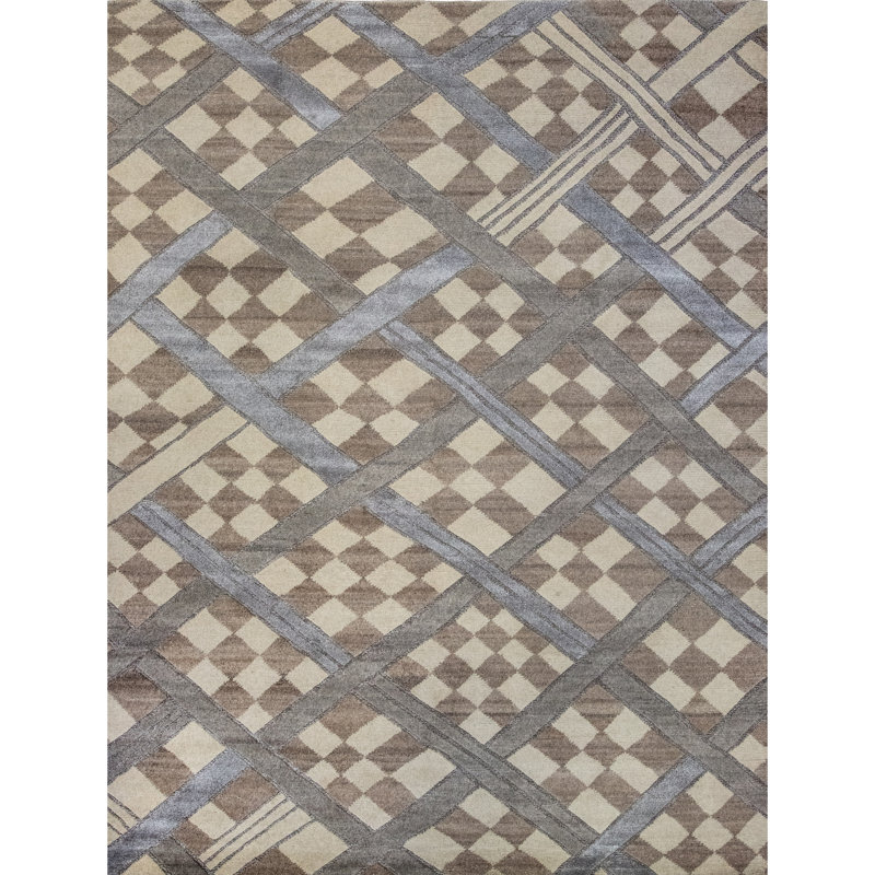 Hand Knotted Checkered Area Rug in Mesa/Blue/Ivory/Gray, Rectangle 6' x 9'