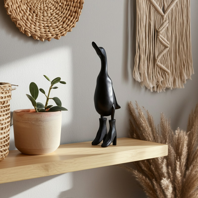 Whimsical Duck Sculpture with Boots for Home Decor – Wooden Bamboo Figurine and Decorative Objects for Kitchen Decor or Office Desk Accessories – Indoor Statues and Decorations for Living Room  – 20"