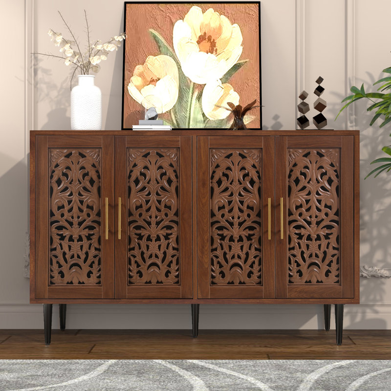 Jazarian 48" Hollow Carved Sideboard Buffet Cabinet, Brown