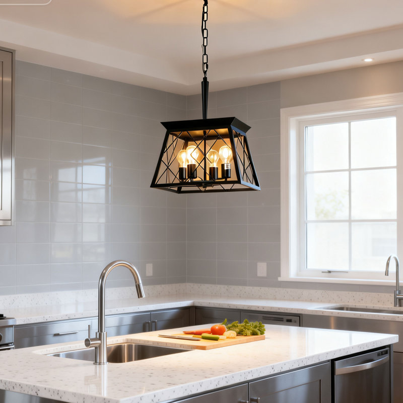 Lustre suspendu noir industriel à 4 lumières, cage en métal de style campagnard, luminaire suspendu réglable