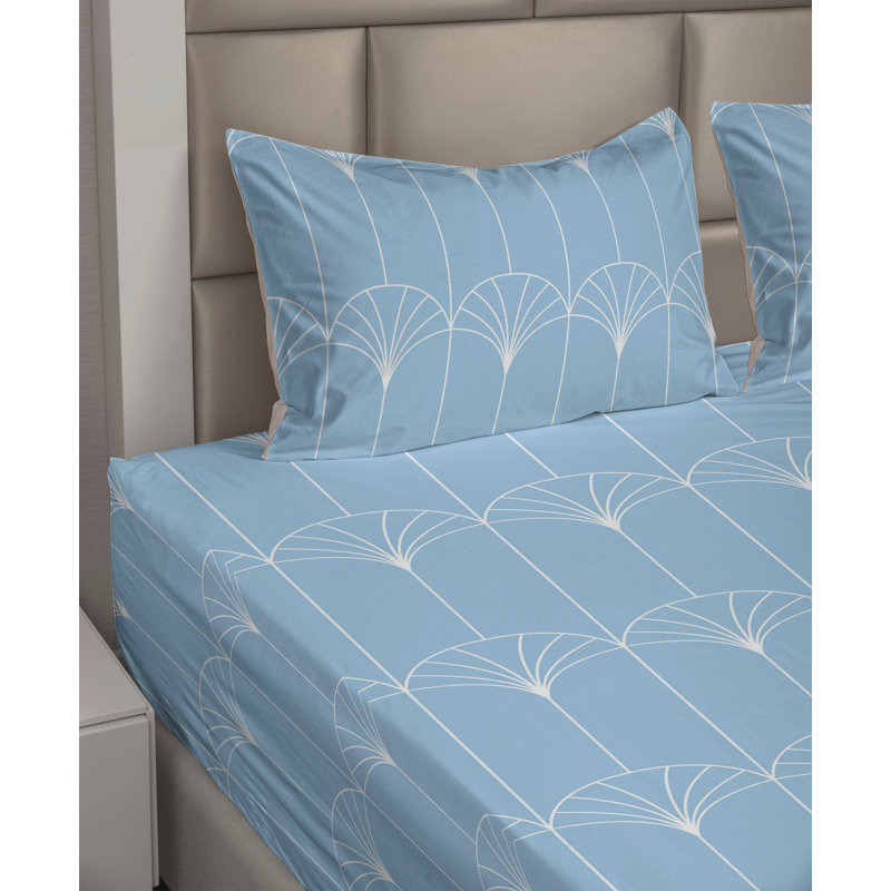 Microfiber Sheet Set, Cal King Sheet Set with 2 Pillowcases, Pale Sky Blue/White Geometric