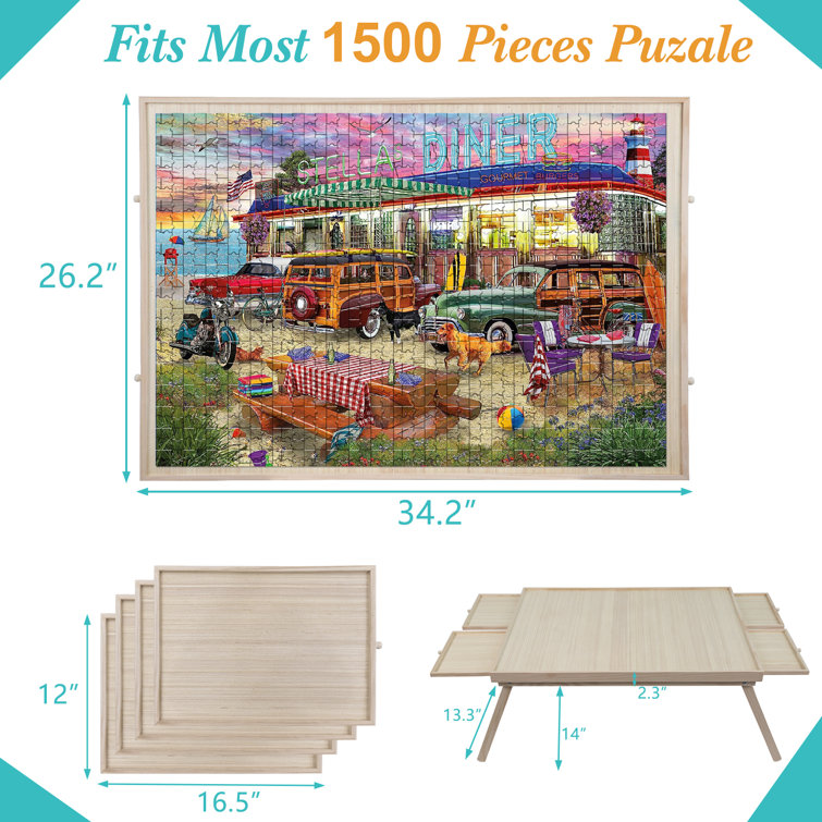 1500 Pcs Wood Puzzle Board Jigsaw Puzzle Table with Legs & Protective Cover 34.5 x 26.5 W Rose Home Fashion