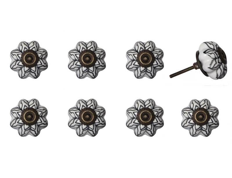 Set of Eight Black And White Ceramic And Metal Drawer Pull Knobs