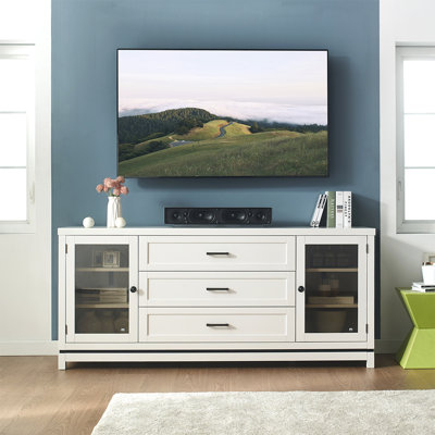 Console média ivoire avec tiroirs et porte en verre