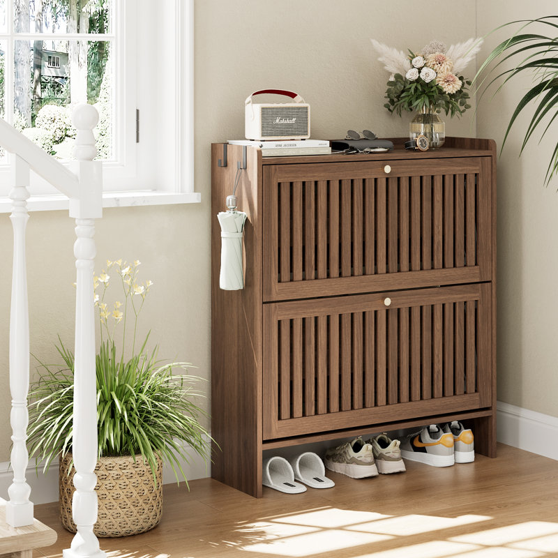 Armoire de rangement pour chaussures 16 paires avec 2 tiroirs rabattables et tablettes réglables, Bois brun