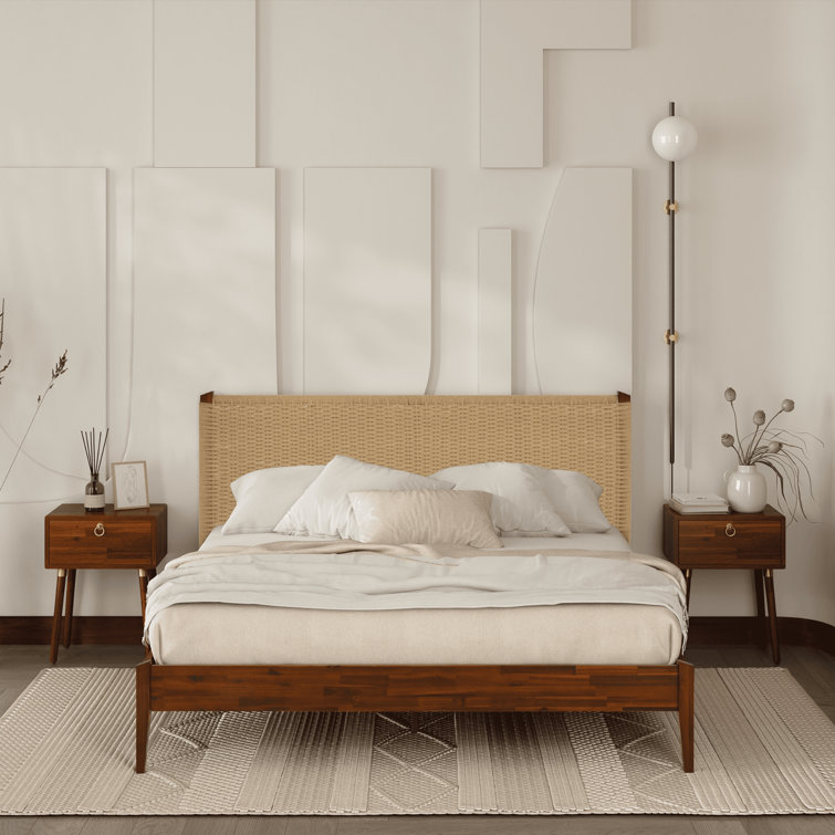Selina Solid Wood Platform Bed with Headboard, Bohemian and Mid-Century Bed Frame