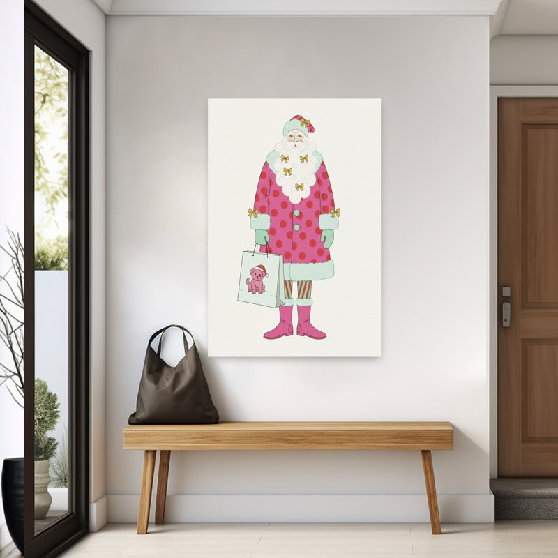 Art mural hivernal fantaisiste, père Noël rose, H 60 po x l 40 po