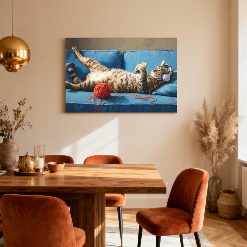 Ensemble de 1 tableau sur toile tendue représentant un chat avec un casque d'écoute et de la laine, H 12 po x l 18 po