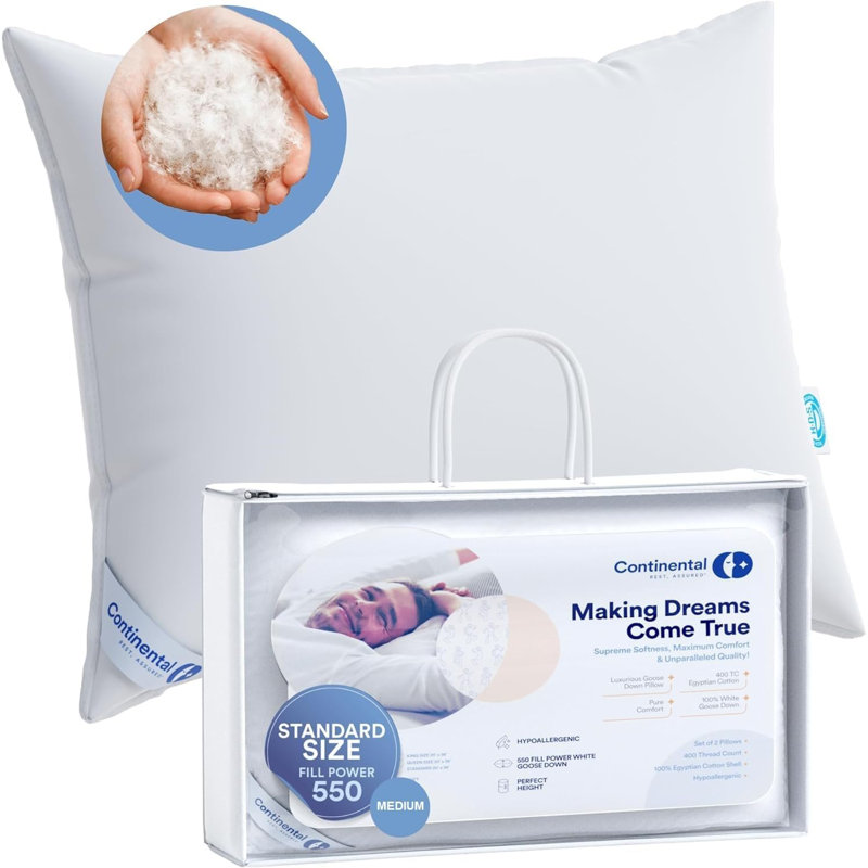 550 Fill Power Luxury Medium White Down Pillow 100% Cotton Shell, 1 Pack, Queen