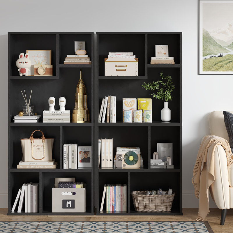 Ensemble de 2 étagères et bibliothèques Melgarejo, armoire de rangement d'angle autoportante avec plusieurs tablettes ouvertes, 2 étagères de rangement au sol pour le bureau à domicile, le salon ou la chambre à coucher