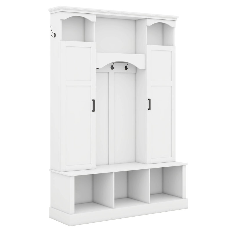 All-In-One Hall Tree With Adjustable Shelves, Classic Arched Storage Bench With Dual Side Cabinets, 7 Hooks, White