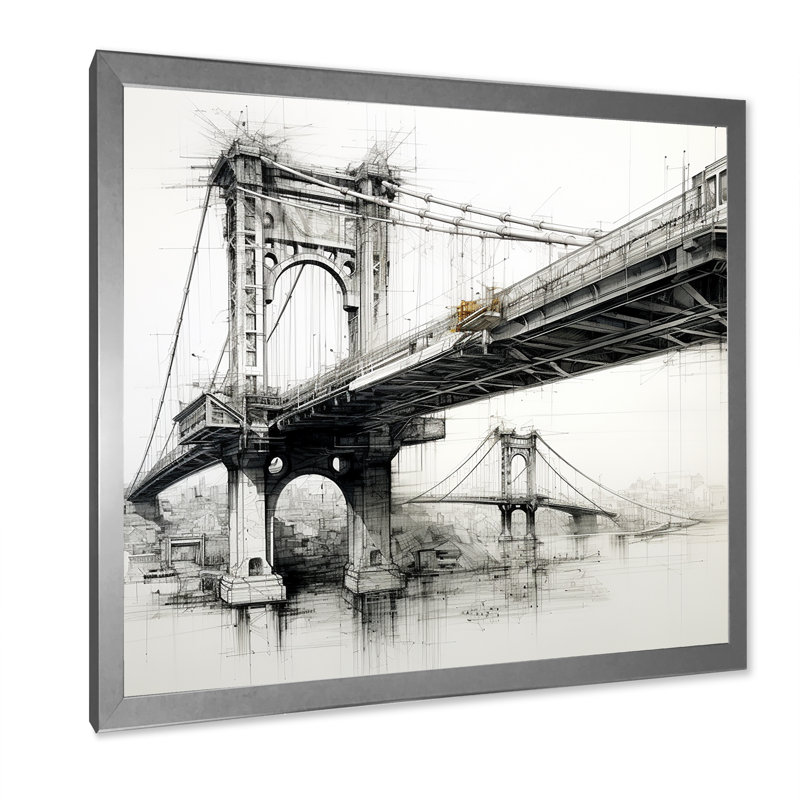 Dessin d'analyse d'un pont sur toile, H 30 po x l 30 po x P 1 po, Cadre simple argenté
