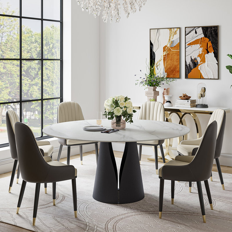  Modern 5/7PiecesDining Room Sets, Pre-Assembly Round Dining Table Sets, Sintered Stone Tabletop Kitchen Dining Table Set With PU Upholstered Chairs