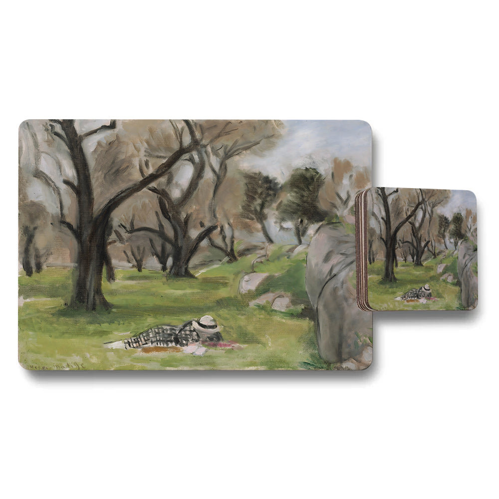 Nature Landscape Placemat and Coaster Set With Forest Scene Artwork
