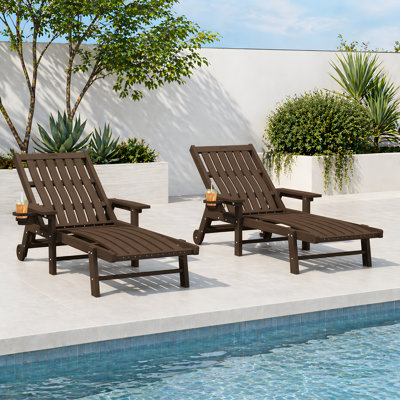 Chaise longue inclinable réglable en PEHD brun avec roulettes et porte-gobelet (ensemble de 2)