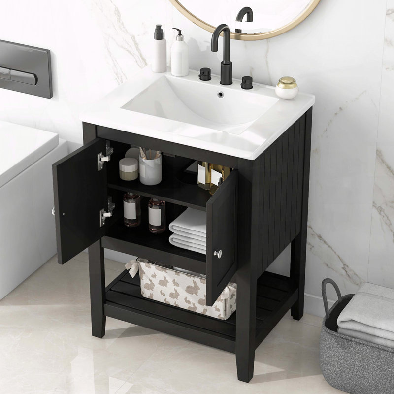 Meuble-lavabo en bois massif 24 po avec lavabo, armoire et tablette ouverte, design Morandi, Black
