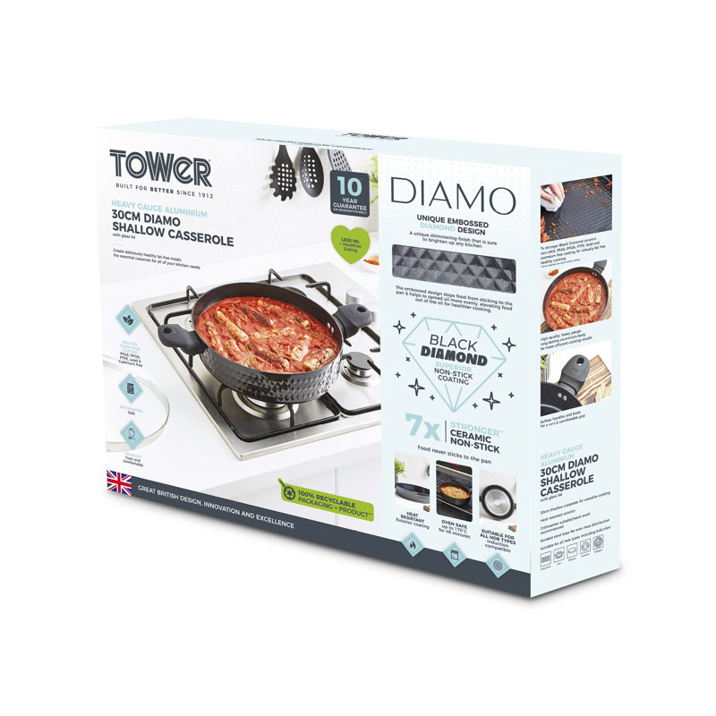Tower T900132 Diamo Aluminium Shallow Casserole Dish with Black Diamond Ceramic Non-Stick Coating, Tempered Glass Lid, 30cm, 4.1L Black