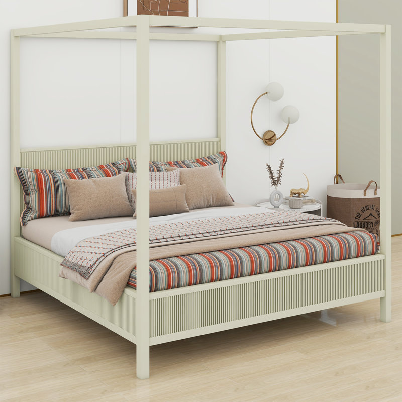 Élégant lit plateforme à baldaquin en bois avec lattes de soutien, King, Beige
