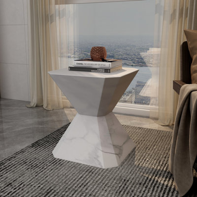 Chlora Modern Fiberstone End Table with Geometric Hourglass Design – Indoor Outdoor Accent Side Table