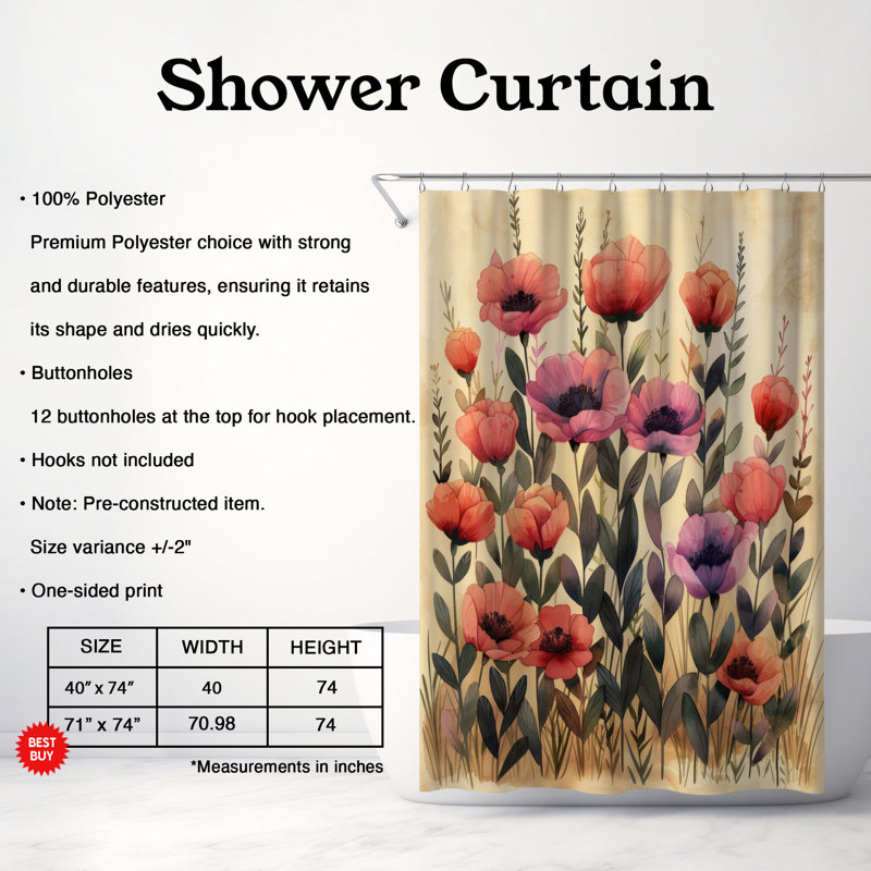 Rideau de douche standard 1 pièce, H 74 po x l 71 po