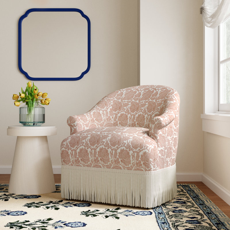 Callie Cotton Upholstered Barrel Chair with Recessed Rolled Arms and Solid Wood Legs, Japanais Dusty Pink, Ivory