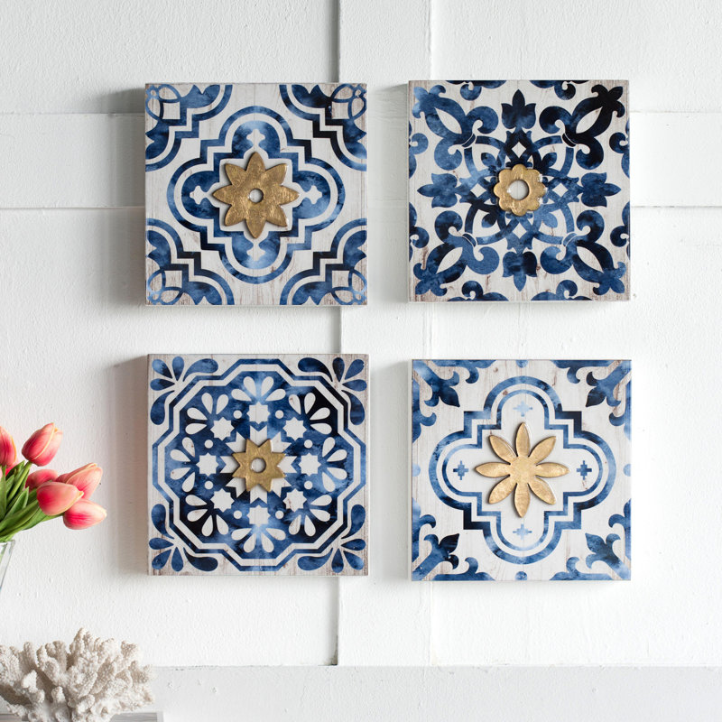 Décoration murale abstraite bleue, blanche et dorée S / 4, 9,5 x 9,5 po