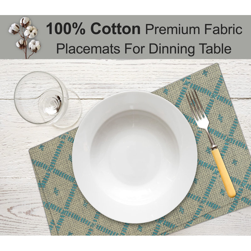 Ruvanti Beige and Blue Cotton Rectangle Placemats Set of 6