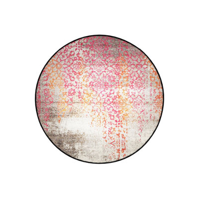 Round Pink Ethnic Detailed Woven Base Modern Decorative Machine Washable Rug