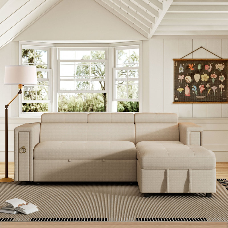 Gueda Upholstered L-Shaped Sectional Right Hand Facing, Beige Polyester Blend