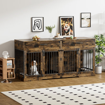 Meuble en bois pour cage de chien avec séparateur renforcé, 2 tiroirs et 2 bols pour chien.