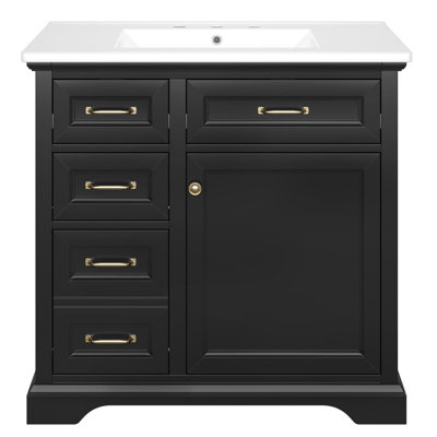 Meuble-lavabo autoportant avec poignées en métal, 36 tiroirs 36 po avec comptoir en céramique, 4 tiroirs et 1 porte à fermeture en douceur, pré-percé pour robinet de 8 po