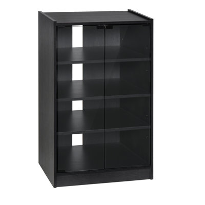 Armoire multimédia à 5 niveaux avec tablettes réglables à 3 niveaux, portes en verre et gestion des câbles