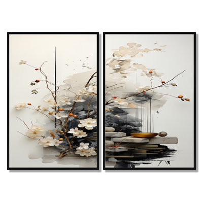 Asian Art Classics Sumi - Art asiatique sur toile, ensemble d'art mural blanc par 2