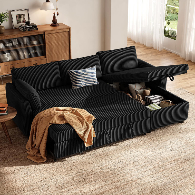 4 Seater Corduroy Sofa Bed,Corner Sofa Bed, Corduroy L Shaped Sofa, Convertible Pull Out Sectional Couch Bed with Storage, Reversible Chaise for Left or Right, Ideal for Lounge