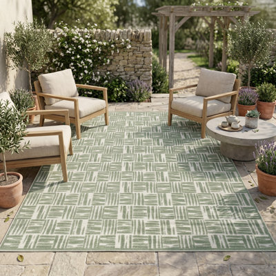 Tapis turc à motif écossais à poils longs d'extérieur écossais vert / crème pour patio, terrasse, porche ou entrée