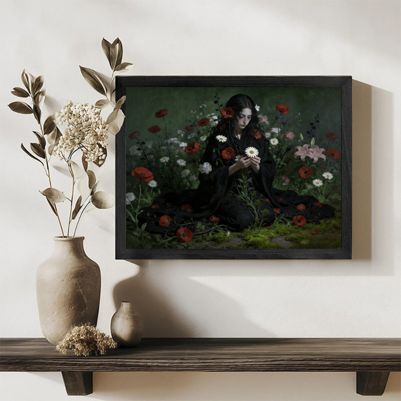 Reproduction d'art encadrée noire rétro à la peau foncée entourée de fleurs, H 9 po x l 11 po