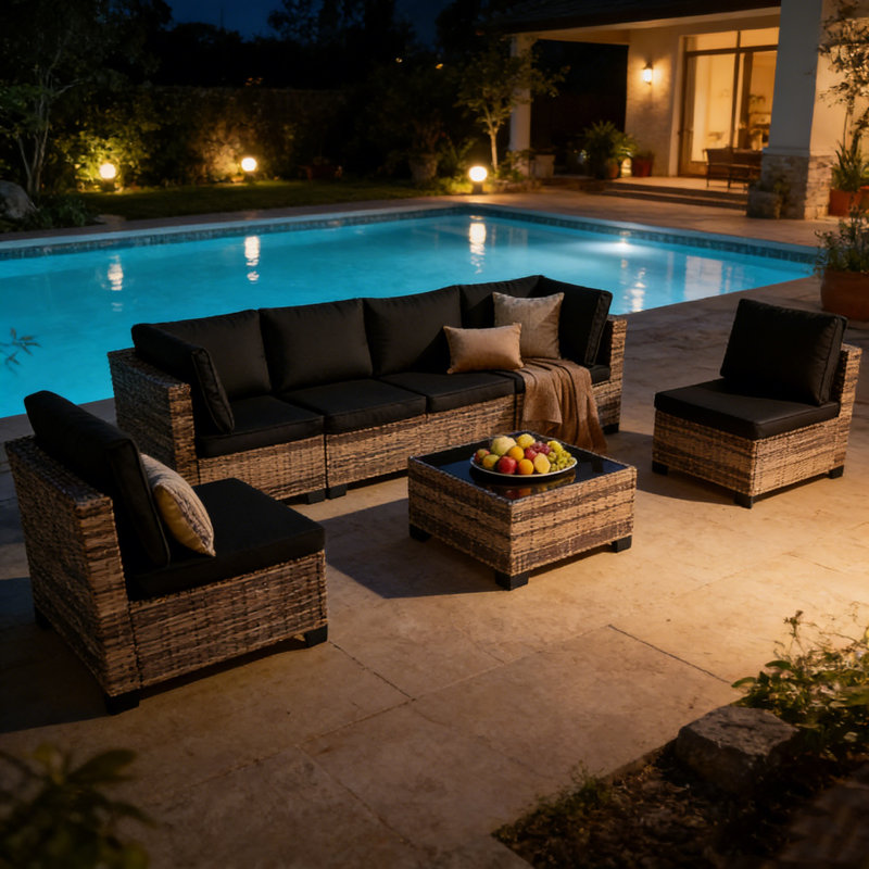 7-Piece Rattan Outdoor Sectional Seating Group with Cushions, Black, Brown
