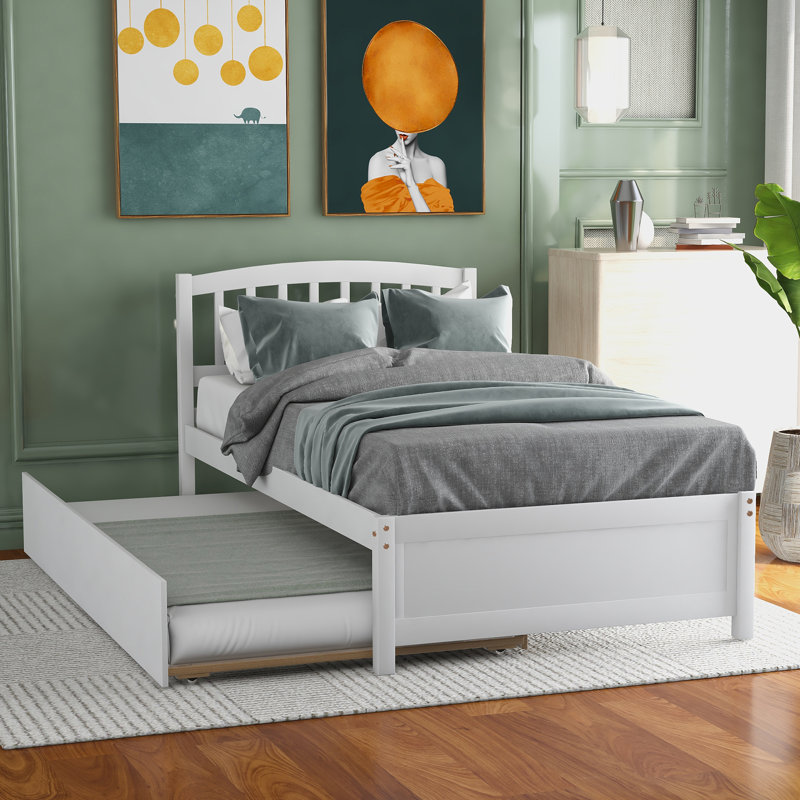 Structure de lit plateforme en bois avec lit gigogne, Blanc