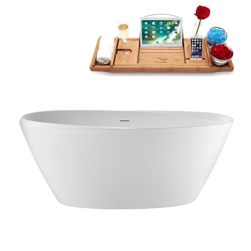 59" Streamline Soaking Glossy White Freestanding Tub and Tray With Internal Drain, Matte Black