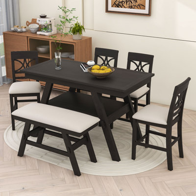 Ahjahnae 6-Piece Dining Set, Counter-Height Dining Table with Shelf and Upholstery Chairs and Bench