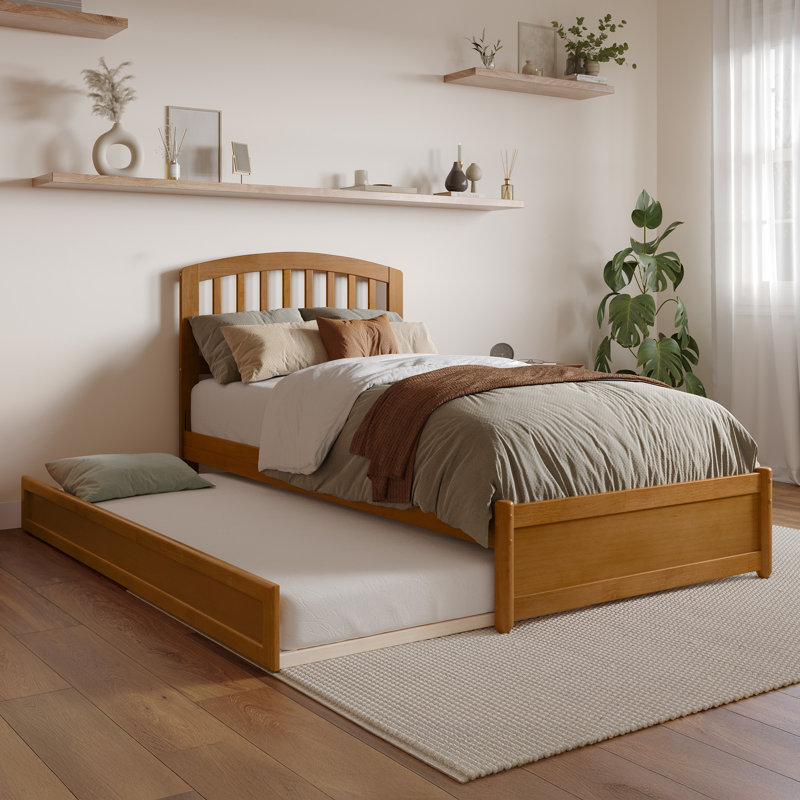 Lamari Solid Wood Platform Bed with Footboard & Roll Out Trundle Bed, Twin XL, Light Toffee