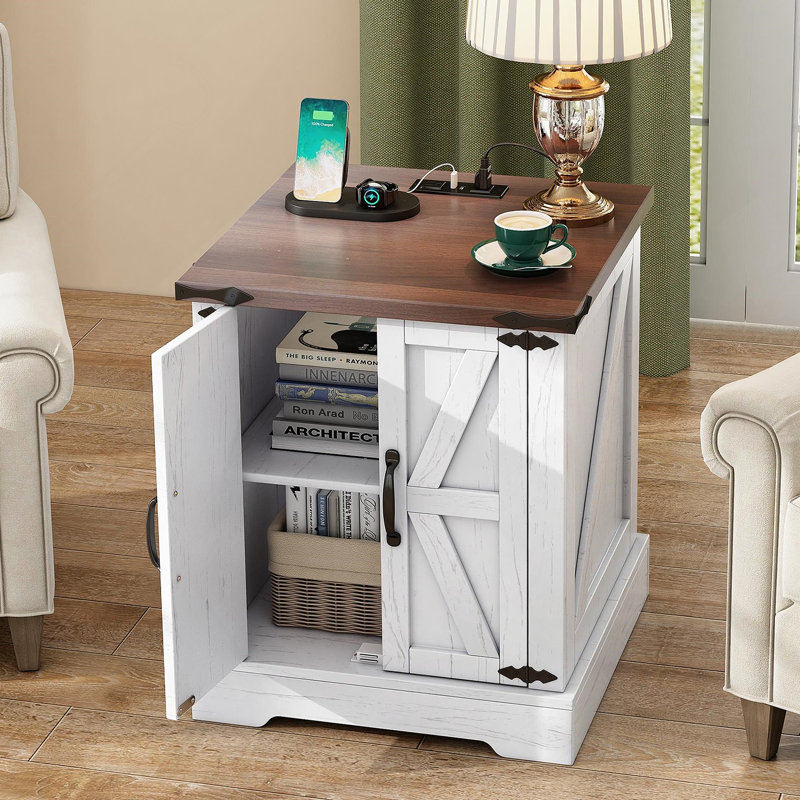 End Table with Charging Station and Adjustable Shelf, White