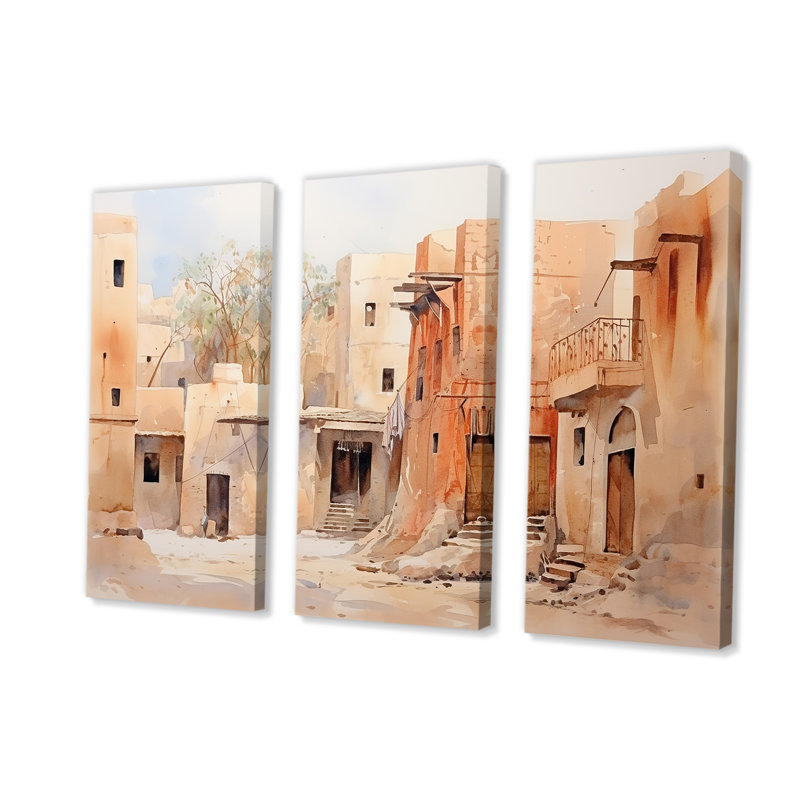 Village urbain, Sables égyptiens I - Art mural égyptien, Toile tendue, H 32 po x l 48 po x P 1 po