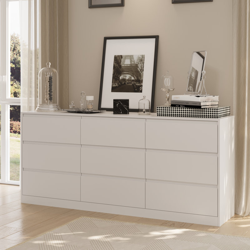 Commode 70,87 W à 9 tiroirs, grande commode moderne à tiroirs profonds, Blanc