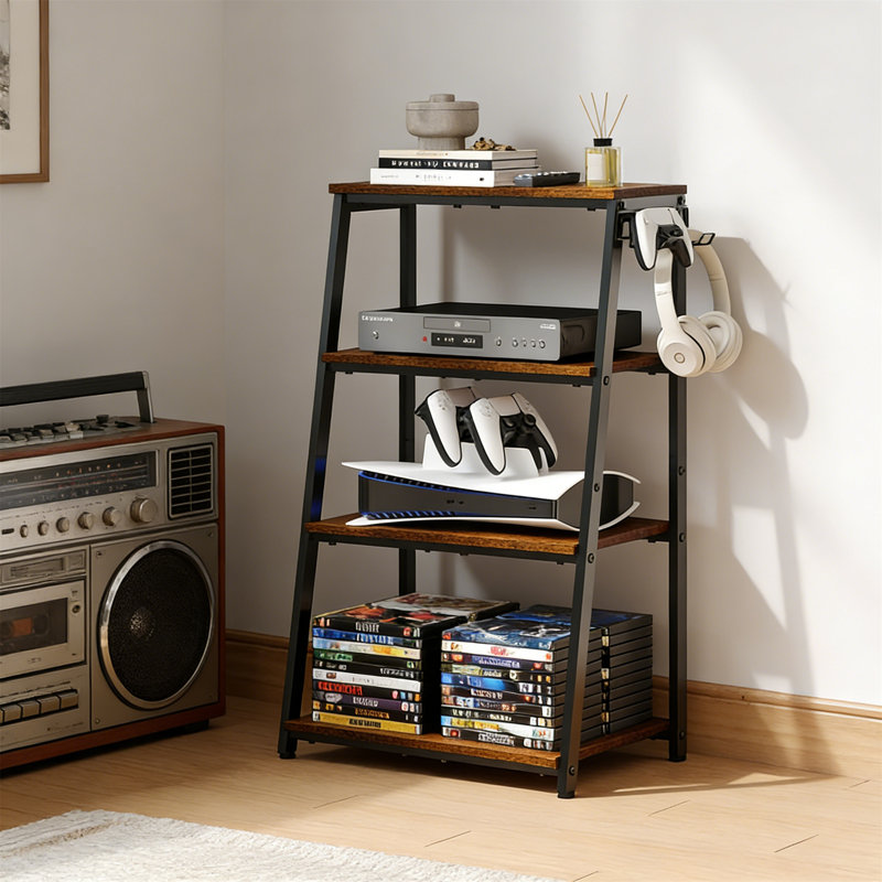 4-Tier AV Media Stand With Hooks, Heavy Duty, Wooden, For Game Console, DVD Players, Xbox