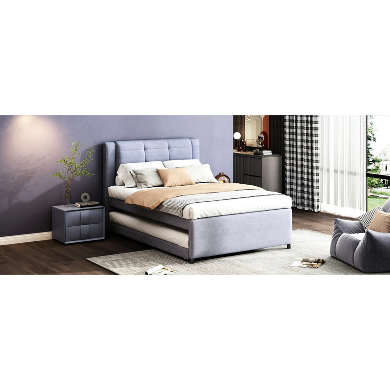 Lit gigogne double avec revêtement en lin gris - plateforme de taille Design flexible en gris. Construire. Aucun sommier tapissier requis. Aire de repos confortable
